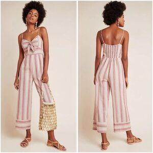 Anthropologie J.O.A.‎ Lisanna Tie-Front Striped Linen Jumpsuit Women's Small